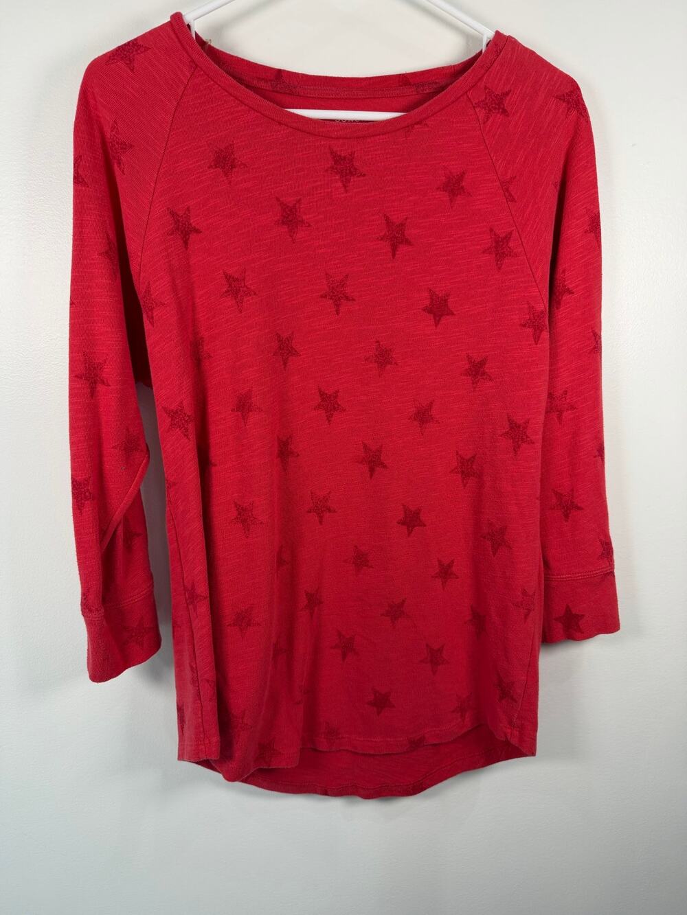 Sonoma Womens Raglan 3/4 Sleeve Tee S Red Star Print Slub Knit Crew Neck Top